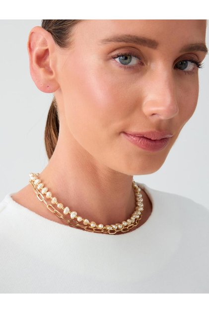 Gold Color Pearl Detailed Two-Row Adjustable Chain Necklace