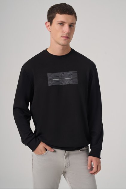 Men's Black Trend Printed Crew Neck Sweatshirt