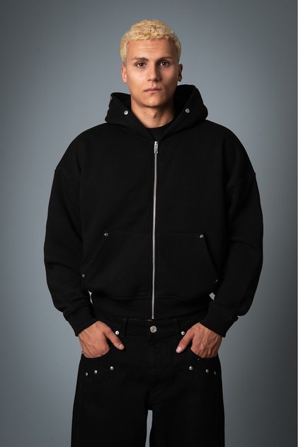 Nocturne Siyah Boxy Crop Erkek Zip Hoodie Ceket