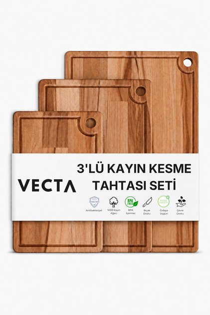 Grain Beech Wood 3-Piece Cutting and Presentation Board Set - S/M/L Cutting Board with Liquid Channel and Hanging Hole