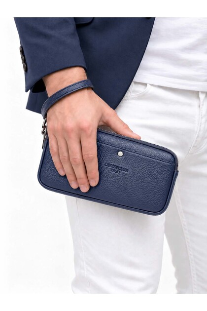 Men's Navy Blue Two-Compartment Luxury Handbag with Belt