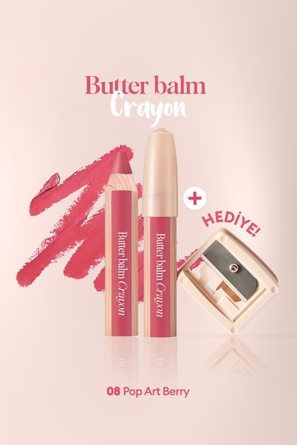 Creamy, Pen-Shaped Colored Lip Balm & Sharpener Clio Butter Balm Crayon 008 Pop-Art Berry