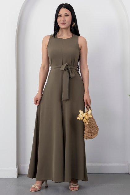 Crew Neck Belted Wide Leg Jumpsuit Grs4017
