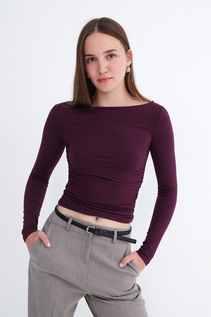 Kayık Neckline Gathered Blouse B06105