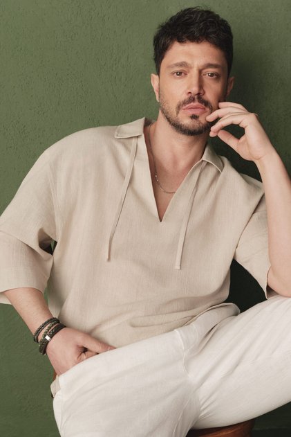 Men's Stone V-Neck Cotton Linen Blend Short Sleeve Comfort Fit Shirt A61Y2127