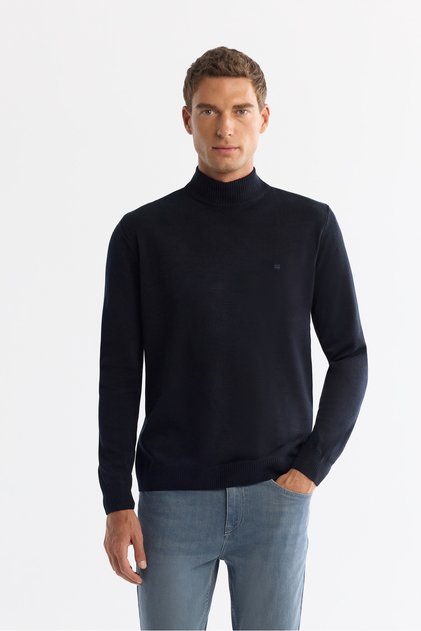 Men's Navy Blue Half Turtleneck Non-Pilling Knitwear Regular Fit Sweater E005001
