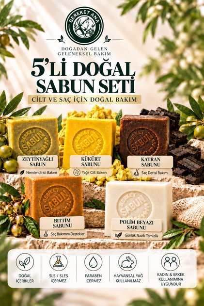 5-Piece Natural Soap Set Sulfur Tar Bıttım Olive Oil Polimby White Handmade Special Box