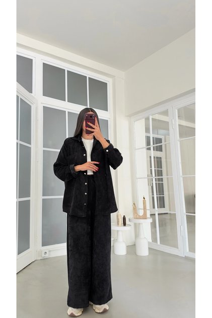 Black Oversize Corduroy Shirt and Pants Set