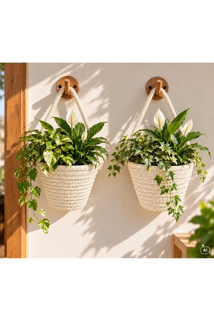 Artificial Flower Pot 2-Piece Flower Pot Basket 12X10 cm Plants and Wooden Hanging Accessories Are Not Included