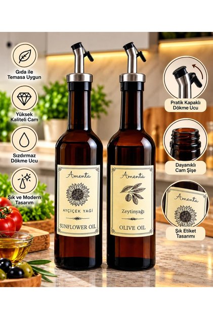 Amber 2'li 750 Ml Zeytinyağı Sıvıyağ Şişesi Yağdanlık Yağlık Cam Şişe