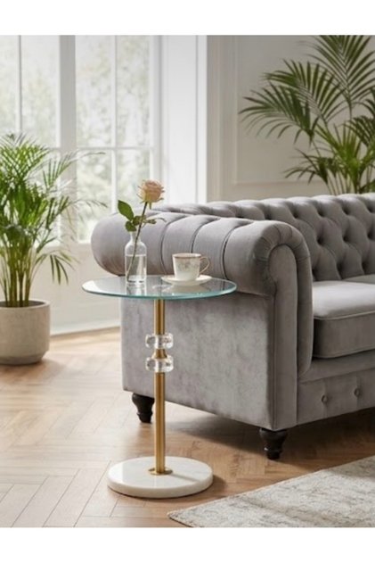 Modern Design Side Table with Glass Top and Gold Marble Base