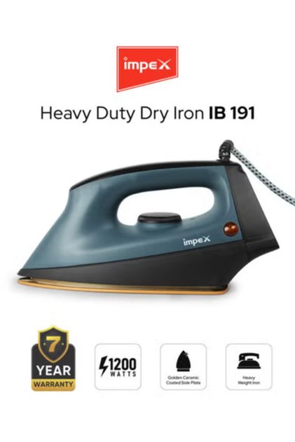 Heavy Duty Dry Iron Box, 1200W, Non-Stick Ceramic Soleplate, 5 Temperature Settings, Overheat Protection, 360° Swivel Cord, 7 Years - IB 191