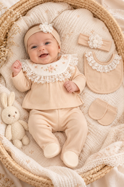 Floral Collar Embroidered Baby Girl 5-Piece Set Newborn 5-Piece Hospital Release Bodysuit Set