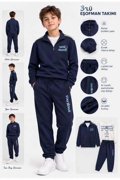Boy's “Your Hustle” Embroidered Tracksuit Set - Navy Blue 3 Yarn Shardedon
