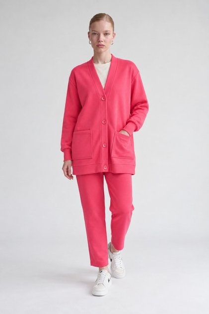 Buttoned Closure Cardigan Suit with Pants Fuchsia