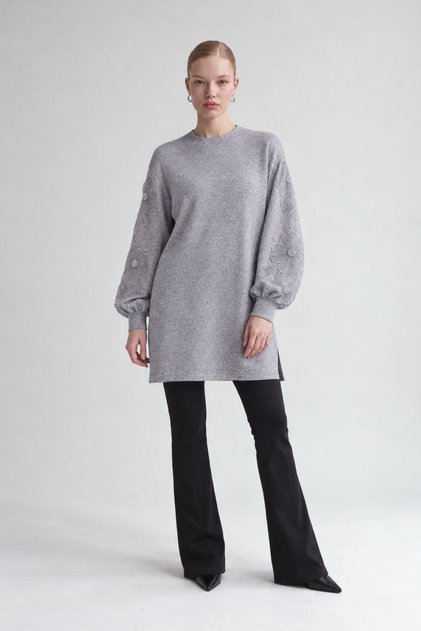 Sleeve Flower Detailed Tunic Gray