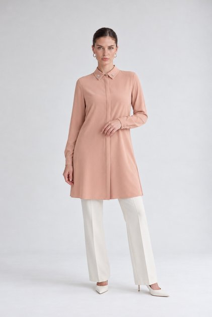 Salmon Collar Rhinestone Long Shirt