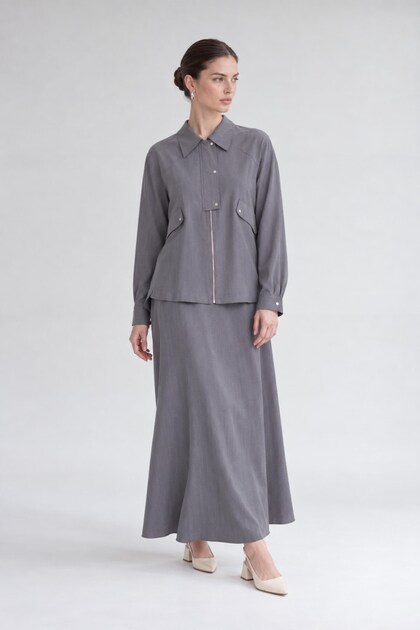 Pocket Detailed Zippered Skirt Set Gray