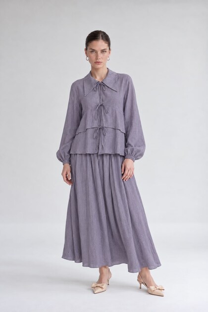 Gray Ruffled Tie Detail Skirt Set
