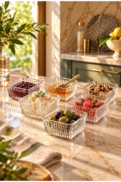 Valetta - Set of 6 Glass Breakfast and Snack Bowls 10 cm Square Glass Serving Bowl Jam Bowl Sauce Bowl Mezelik