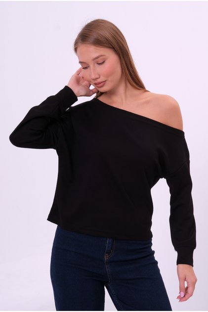 Siyah Yumuşak Açık Omuzlu Kayık Yaka Kadın Sweatshirt