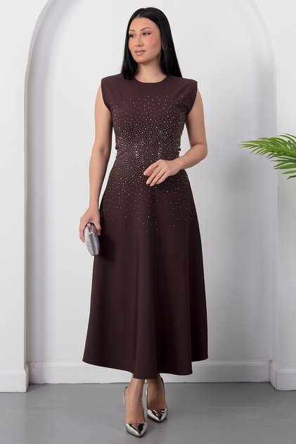 Crew Neck Dress with Stone on the Chest Grs4168