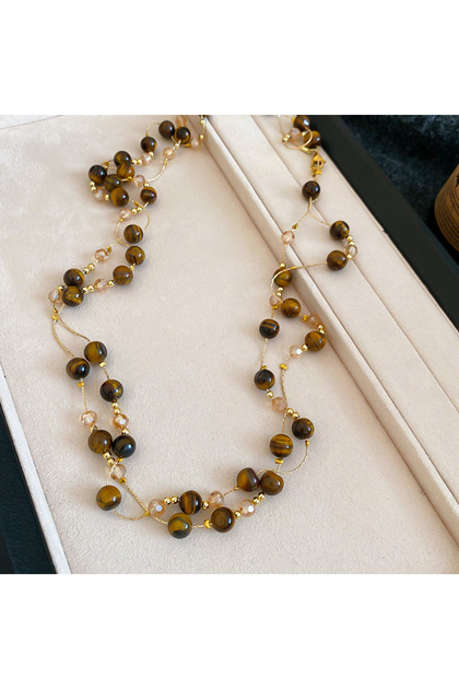 style 1 Maillard Multi-layer Tiger's Eye Stone Necklaces for Women Retro Stackable Glass Bead Sweate