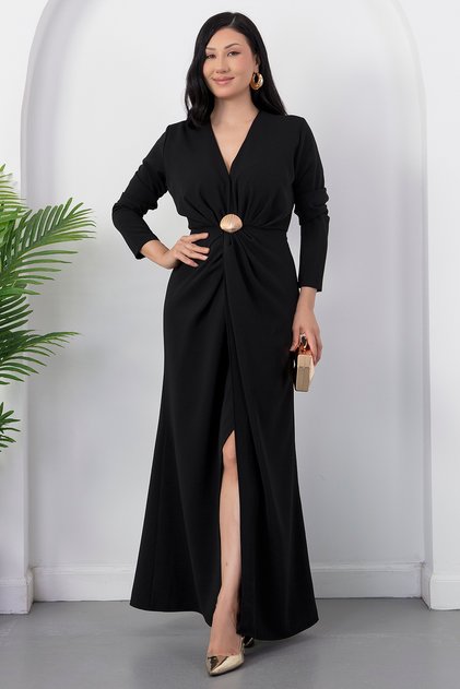V-Neck Slit Buckled Long Sleeve Dress K-262739