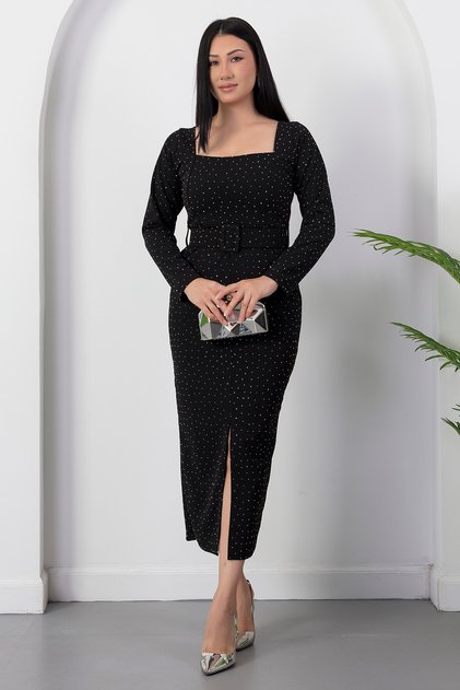 Square Neckline Front Slit Stoned Dress 2026-5004