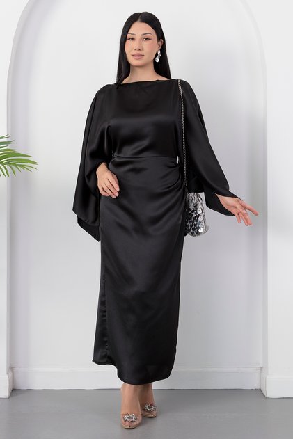 Low Neckline Bat Sleeve Satin Dress K-252767