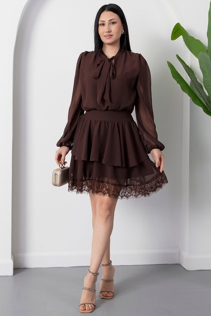 Collared Bowknot Skirt Layered Chiffon Dress with Lace Grs3890