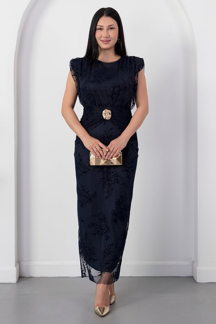 Oval collar buckle glitter dress grs4113