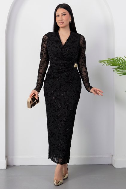 Double-Breasted Collar Buckle Glittery Long Sleeve Dress Grs4169