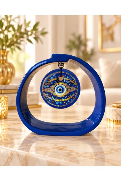 Nazar Gözlü Dekoratif Masa Süsü – Mavi Standlı Mandala Desenli Obje 15x17 cm