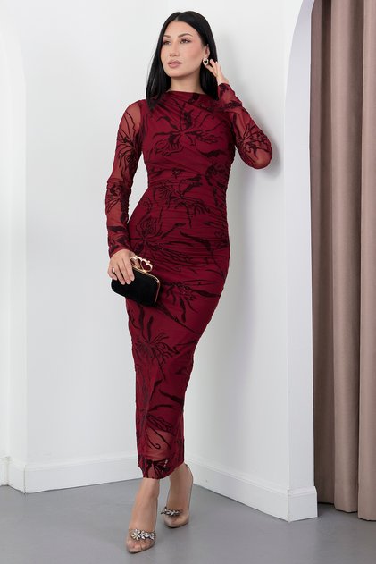 Crew Neck Gathered Long Sleeve Glitter Dress Dks1463