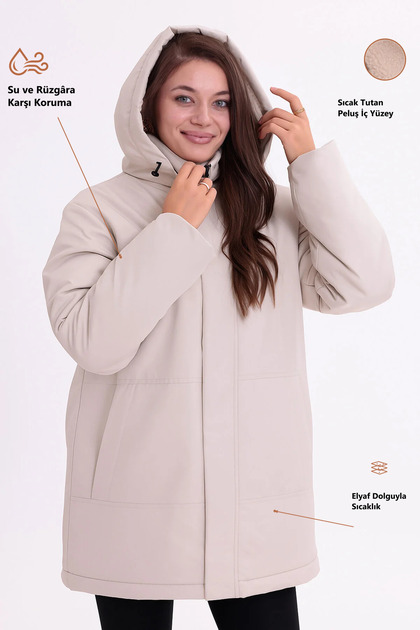 Women's Stone Fur Lined Removable Hood Water and Windproof Hooded Regular Winter Coat & Jacket & Parka