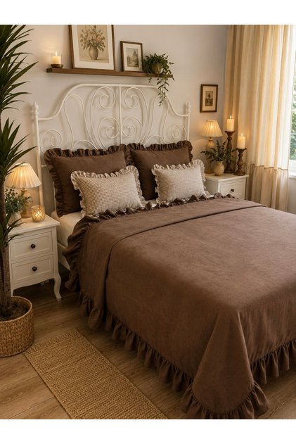 Pearl Ruffle Brown Bedspread Set Double Size