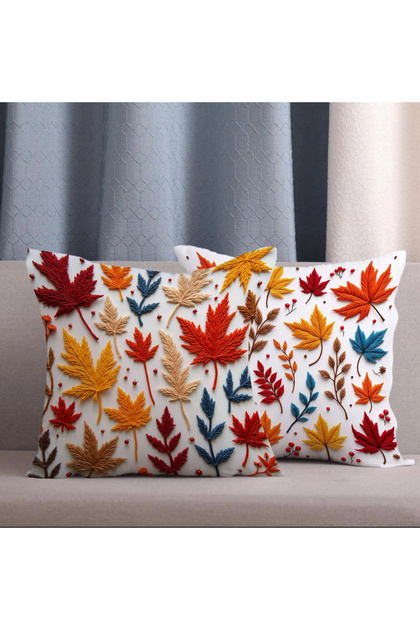 2-Piece Combination Double-Sided Punch Embroidery Look Autumn Leaf Pattern Digital Printed Throw Pillow Cover