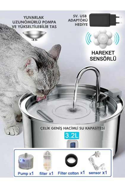 Paslanmaz Çelik Kedi Köpek Için Otomatik Su Pınarı Su Çeşmesi Su Sebili 3.2 Lt HAREKET SENSÖRLÜ