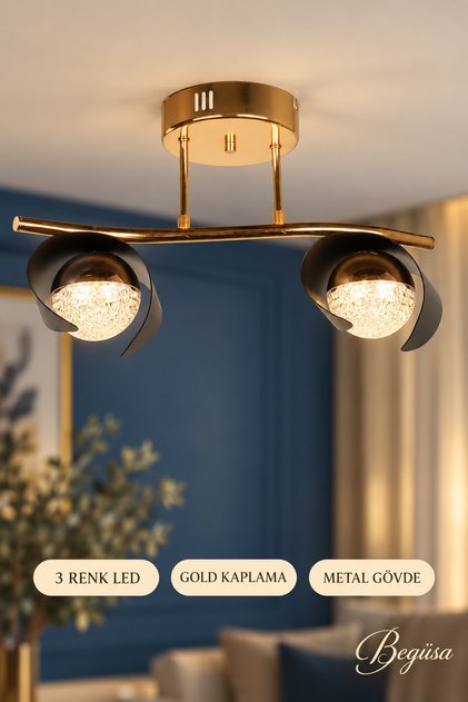 Aleksa Ledli 2.Li Avize Gold Kaplama, 2'li Dekoratif LED Aydınlatma, Gold Kaplama Tasarım, Modern Tavan Aydınlatması, Salon ve Oturma Odası Kullanımı