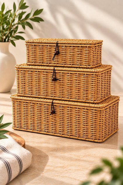 3-Piece Decorative Rectangular Wicker Multi-Purpose Organizer Basket with Lid