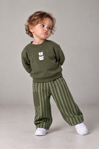 Simit Yaka Bear Baskılı Sweatshirt/Çizgili Cep Detaylı Bol Paça Eşofman 3 İp Şardonlu Takım