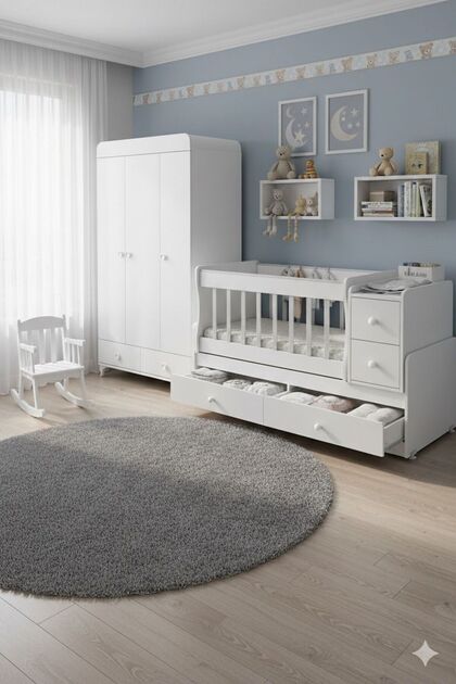 MİNİBOO BEBEK ODASI ÜÇ KAPAKLI DOLAP VE BÜYÜYEN BEŞİK