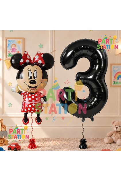 Minnie Mouse 1st Birthday Set: Minnie Mouse Themed Balloons and Black Number Balloon Set