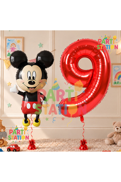 9 Year Old Birthday Mickey Mouse Balloon Set - Concept and Red Number Balloon