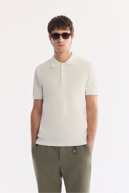 Men's Ecru Polo Neck Soft Touch Regular Fit Knitwear T-Shirt A61Y5046