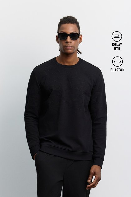 Men's Black Crew Neck Embroidered Interlock Regular Fit Sweatshirt A62Y1275