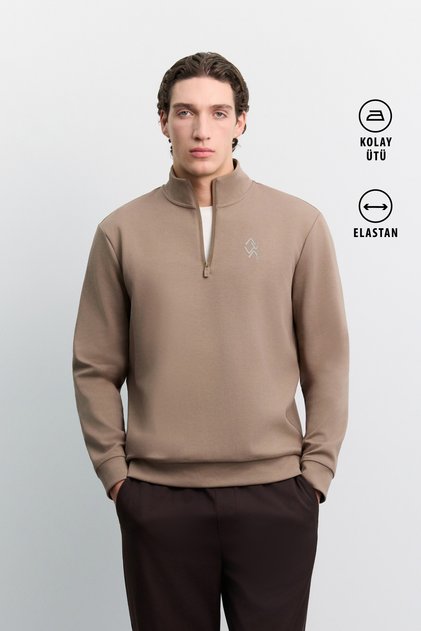Men's Mink Stand Collar Zippered Printed Easy-Iron Cotton Regular Fit Sweatshirt A62Y1310
