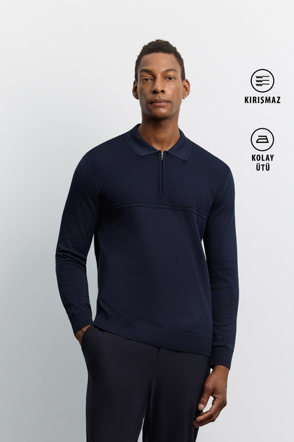 Men's Navy Blue Polo Collar Zippered Easy-Ironing Anti-Wrinkle Regular Fit Knitwear Sweater A62Y5010