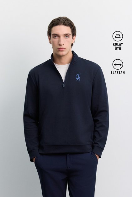 Men's Navy Blue Stand Collar Zippered Printed Easy-Iron Cotton Regular Fit Sweatshirt A62Y1310